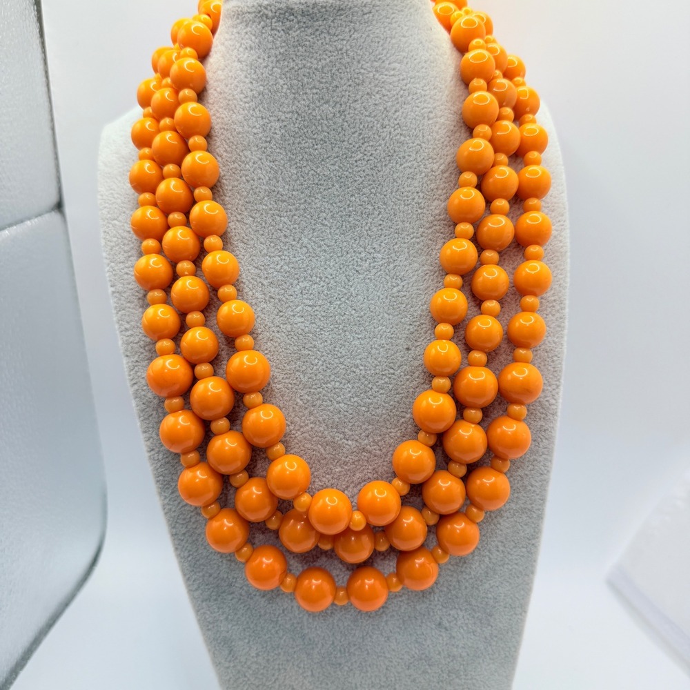 Orange Bead Necklace Triple Strand Chunky Statement Retro Mod Costume Jewelry